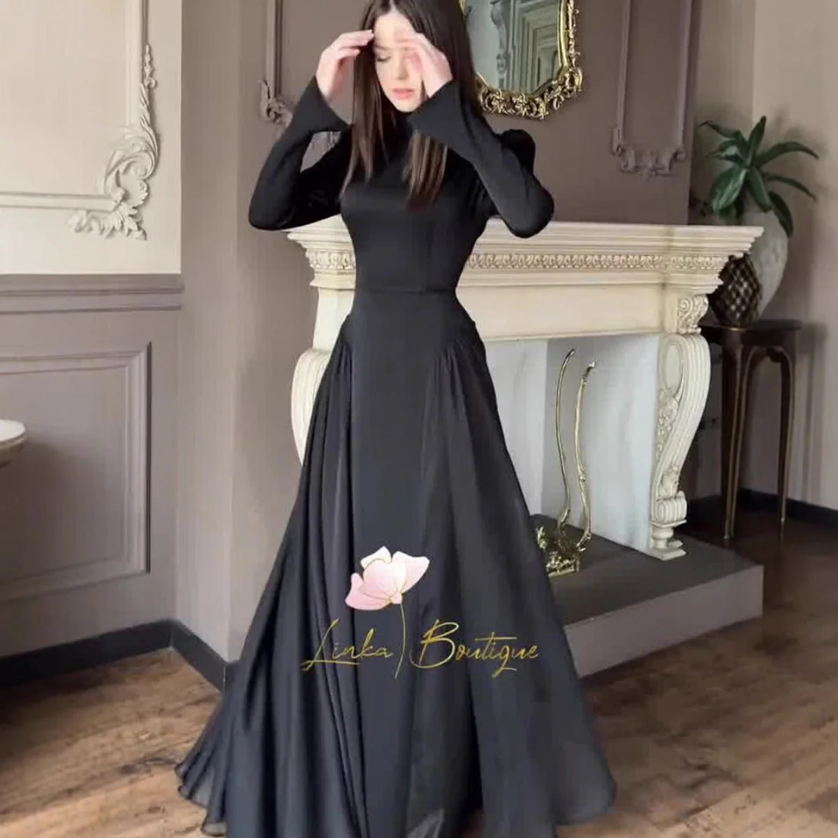 Spring Temperament Black Maxi Dress And Elegant High Neck Long Sleeve Dress with Floral Accent (MA220) - Image 5