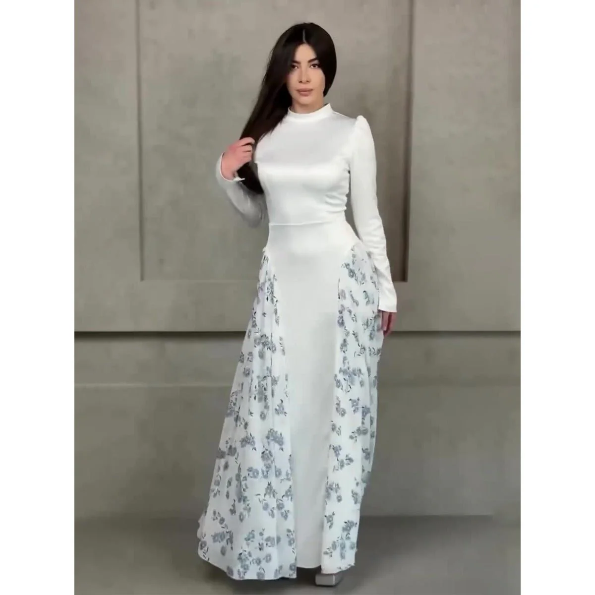 Spring Temperament Black Maxi Dress And Elegant High Neck Long Sleeve Dress with Floral Accent (MA220) - Image 7