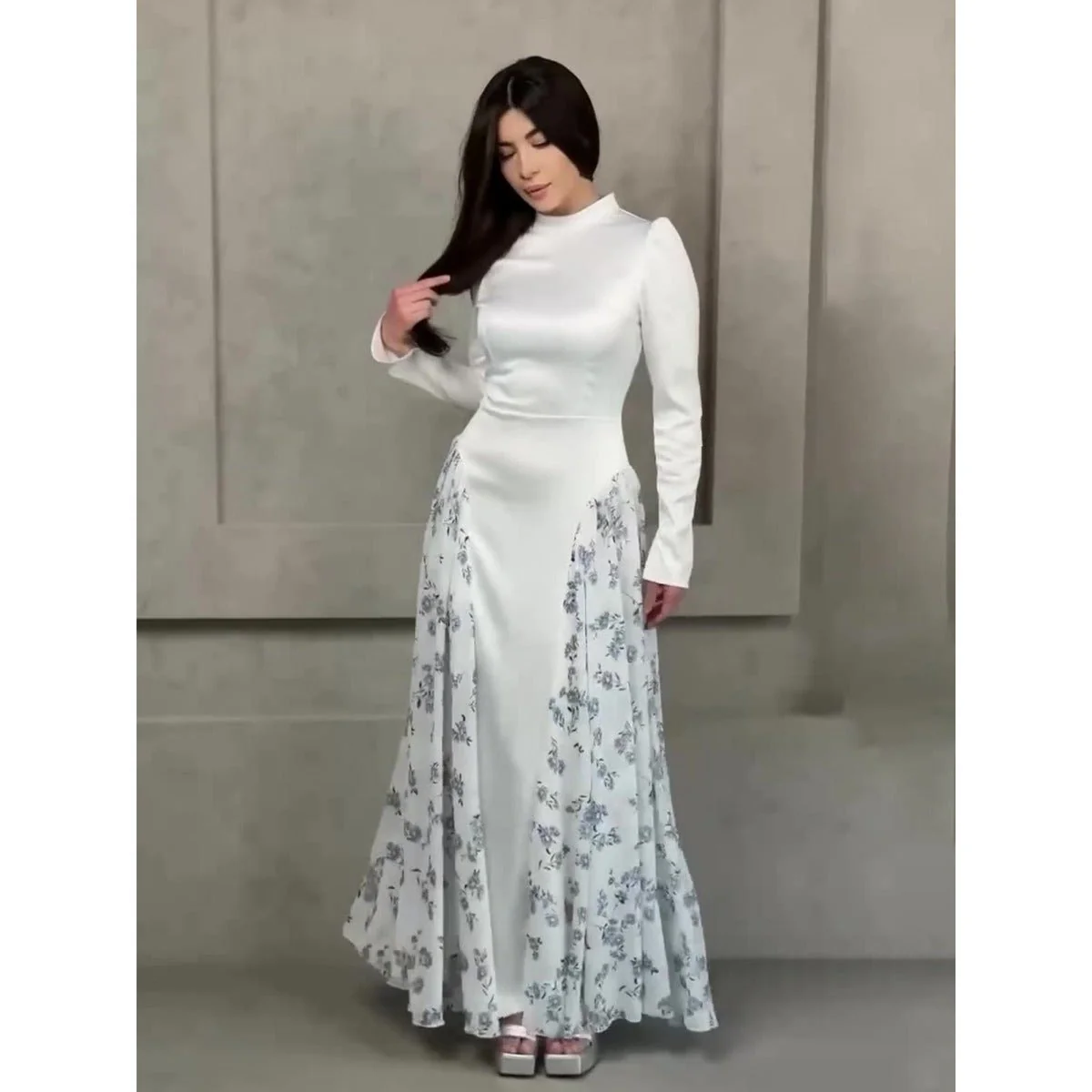 Spring Temperament Black Maxi Dress And Elegant High Neck Long Sleeve Dress with Floral Accent (MA220) - Image 8