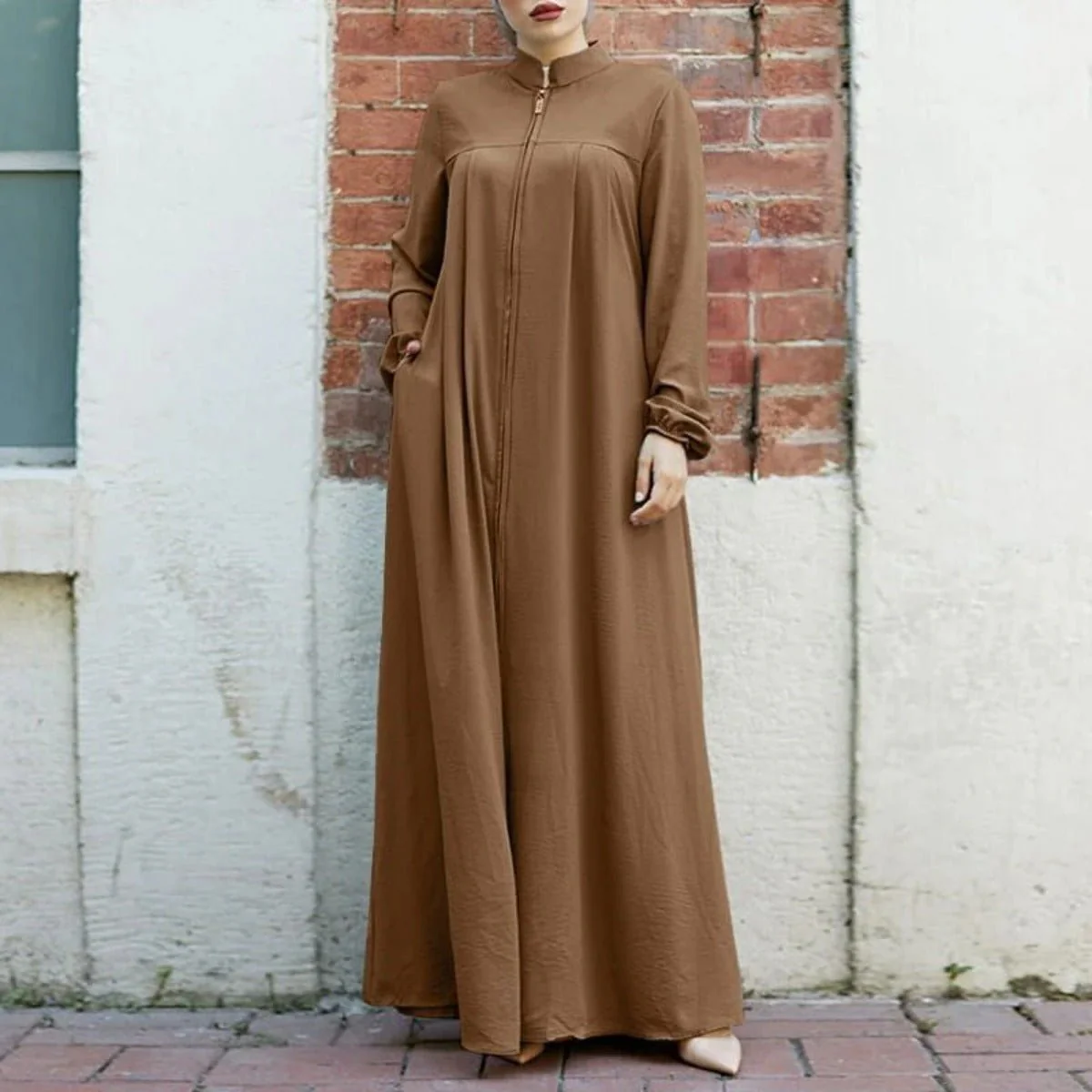 Stand-Collar Zipper Cardigan with Pockets | Modest Long Maxi Dress Abaya(MA155) - Image 11