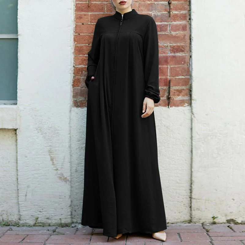 Stand-Collar Zipper Cardigan with Pockets | Modest Long Maxi Dress Abaya(MA155) - Image 12