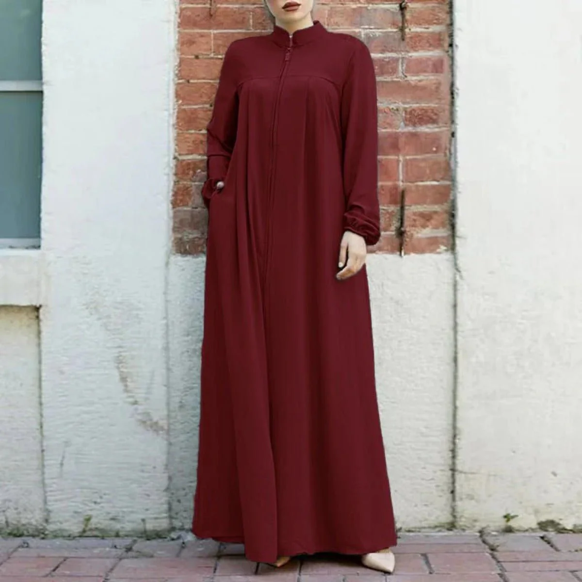 Stand-Collar Zipper Cardigan with Pockets | Modest Long Maxi Dress Abaya(MA155) - Image 2