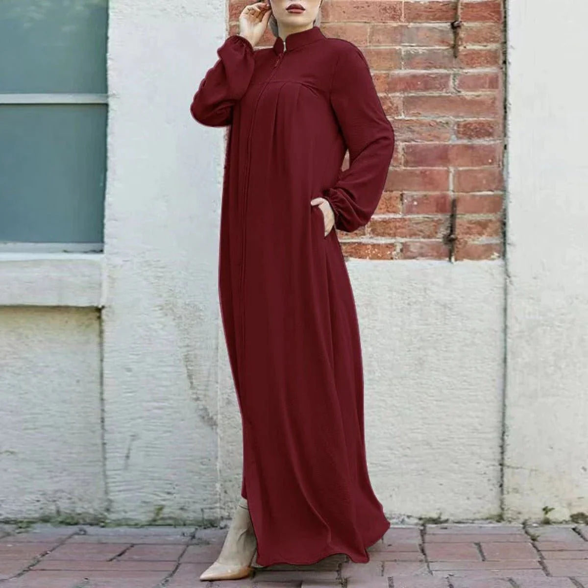 Stand-Collar Zipper Cardigan with Pockets | Modest Long Maxi Dress Abaya(MA155) - Image 4