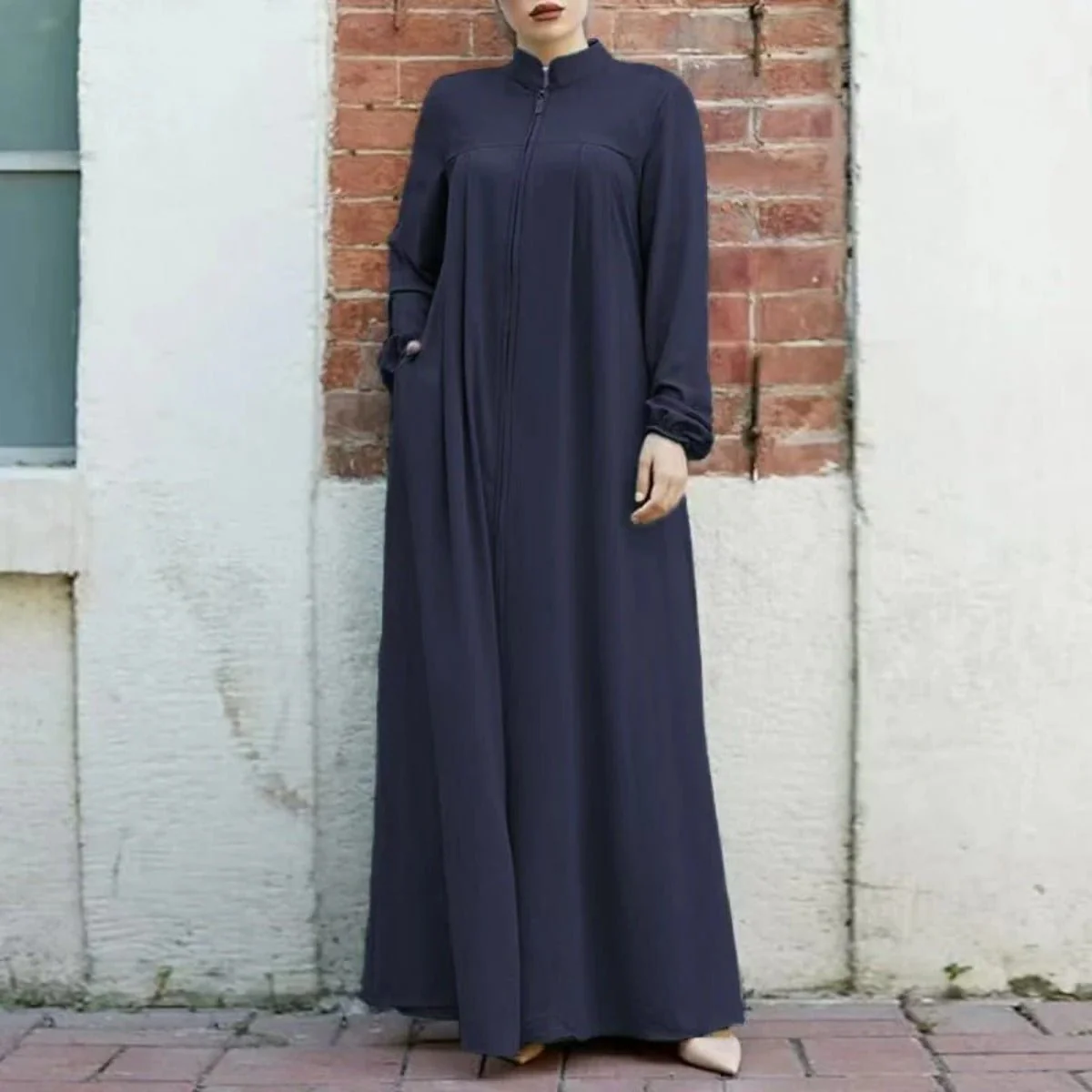 Stand-Collar Zipper Cardigan with Pockets | Modest Long Maxi Dress Abaya(MA155) - Image 5