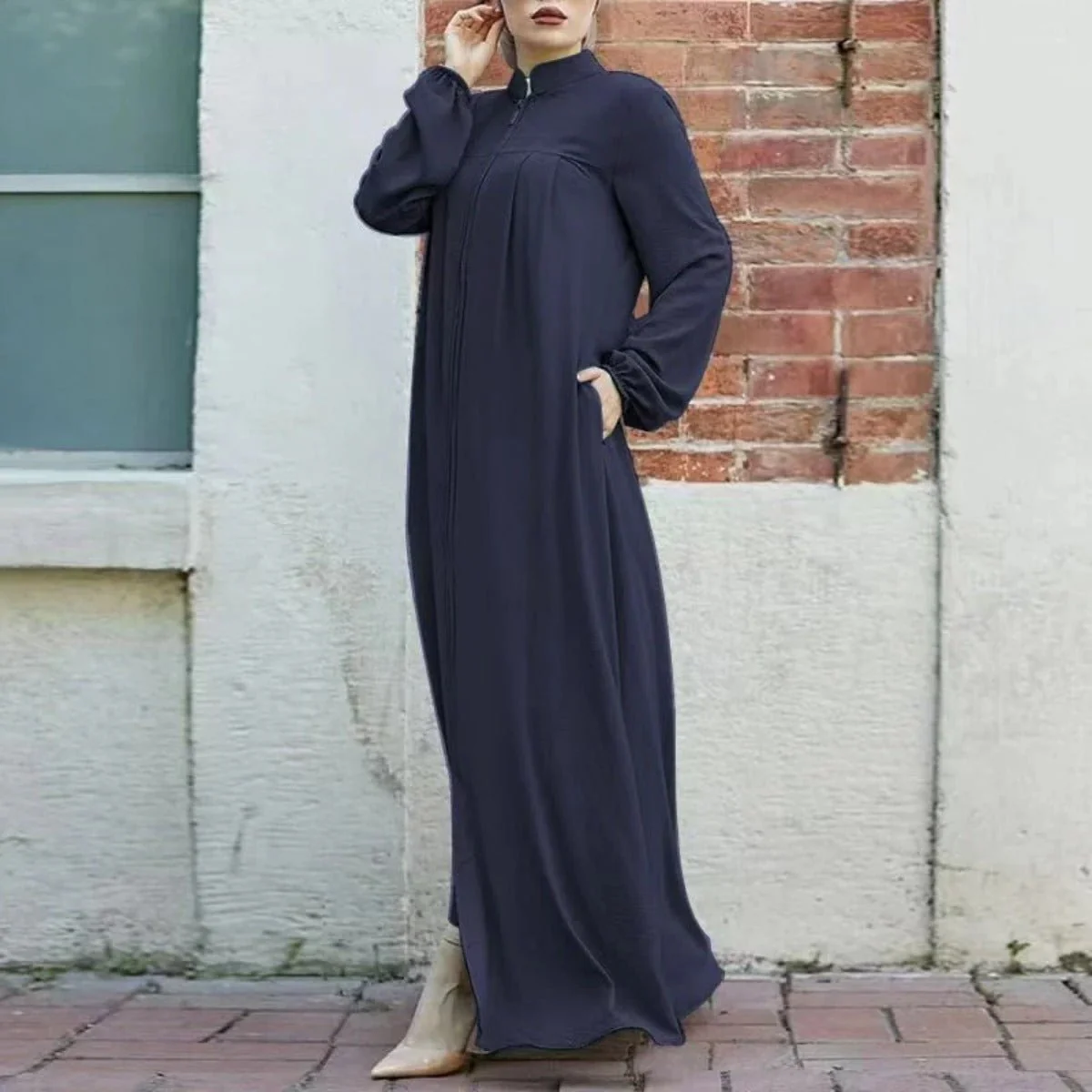 Stand-Collar Zipper Cardigan with Pockets | Modest Long Maxi Dress Abaya(MA155) - Image 6