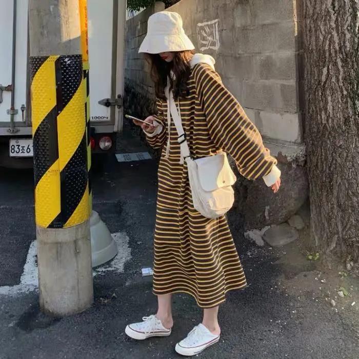 Striped Drawstring Hooded Long Sweater Dress (MS071) - Image 2