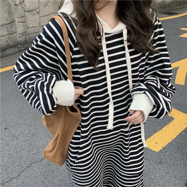 Striped Drawstring Hooded Long Sweater Dress (MS071) - Image 9