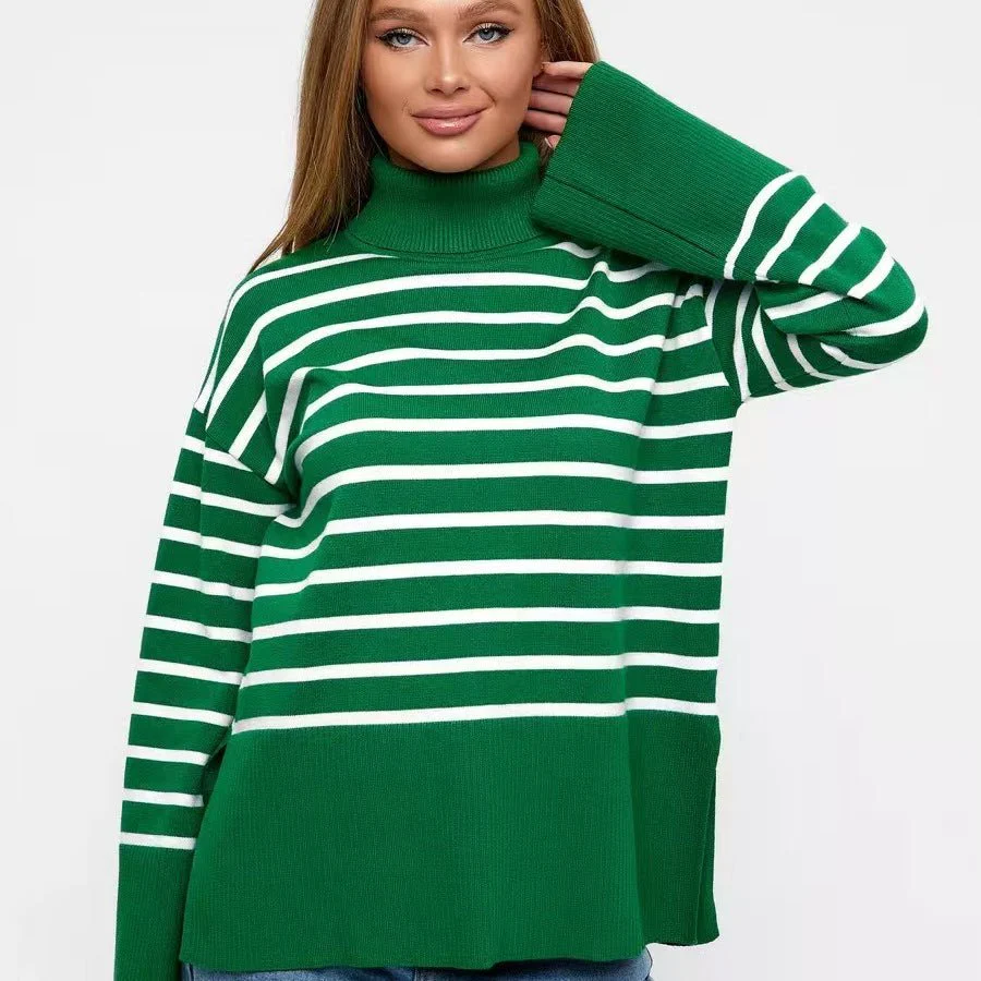 Striped Turtleneck Sweater | Oversized Colorblock Pullover(MS252) - Image 10