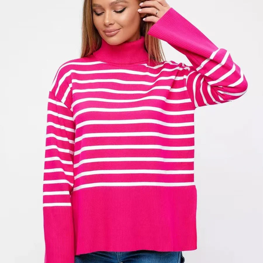 Striped Turtleneck Sweater | Oversized Colorblock Pullover(MS252) - Image 12