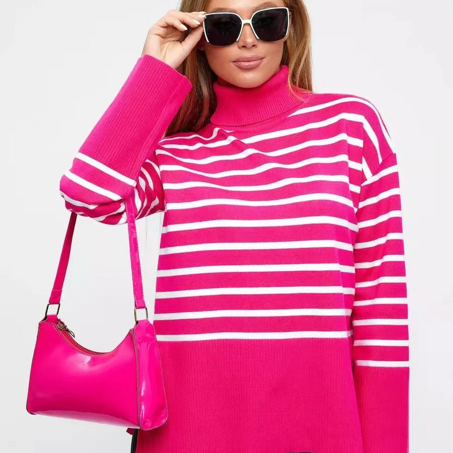 Striped Turtleneck Sweater | Oversized Colorblock Pullover(MS252) - Image 13