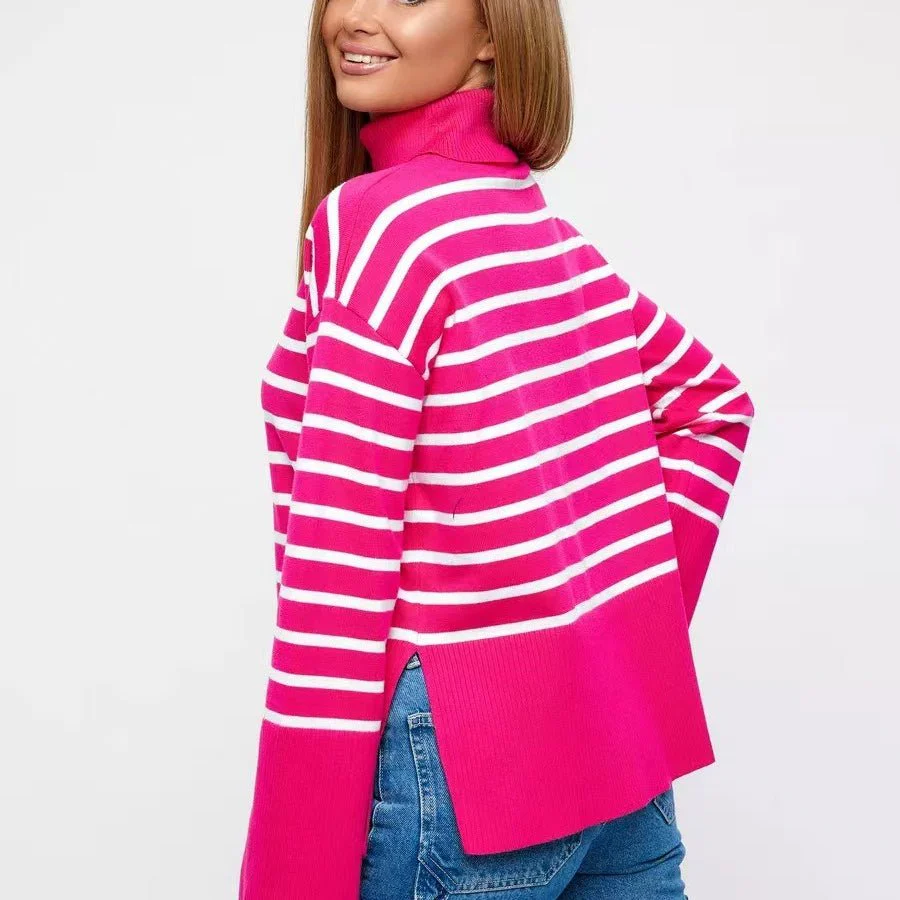 Striped Turtleneck Sweater | Oversized Colorblock Pullover(MS252) - Image 15