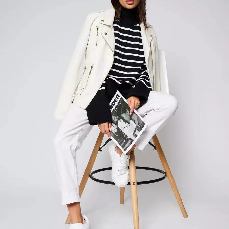 Striped Turtleneck Sweater | Oversized Colorblock Pullover(MS252) - Image 16