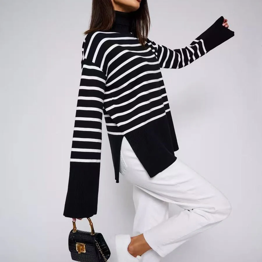 Striped Turtleneck Sweater | Oversized Colorblock Pullover(MS252) - Image 17