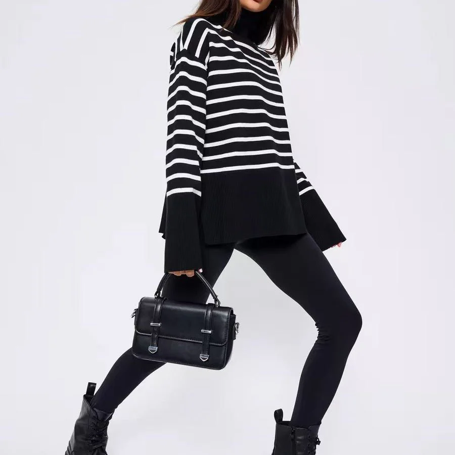 Striped Turtleneck Sweater | Oversized Colorblock Pullover(MS252) - Image 19