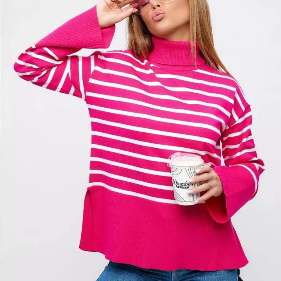 Striped Turtleneck Sweater | Oversized Colorblock Pullover(MS252) - Image 3