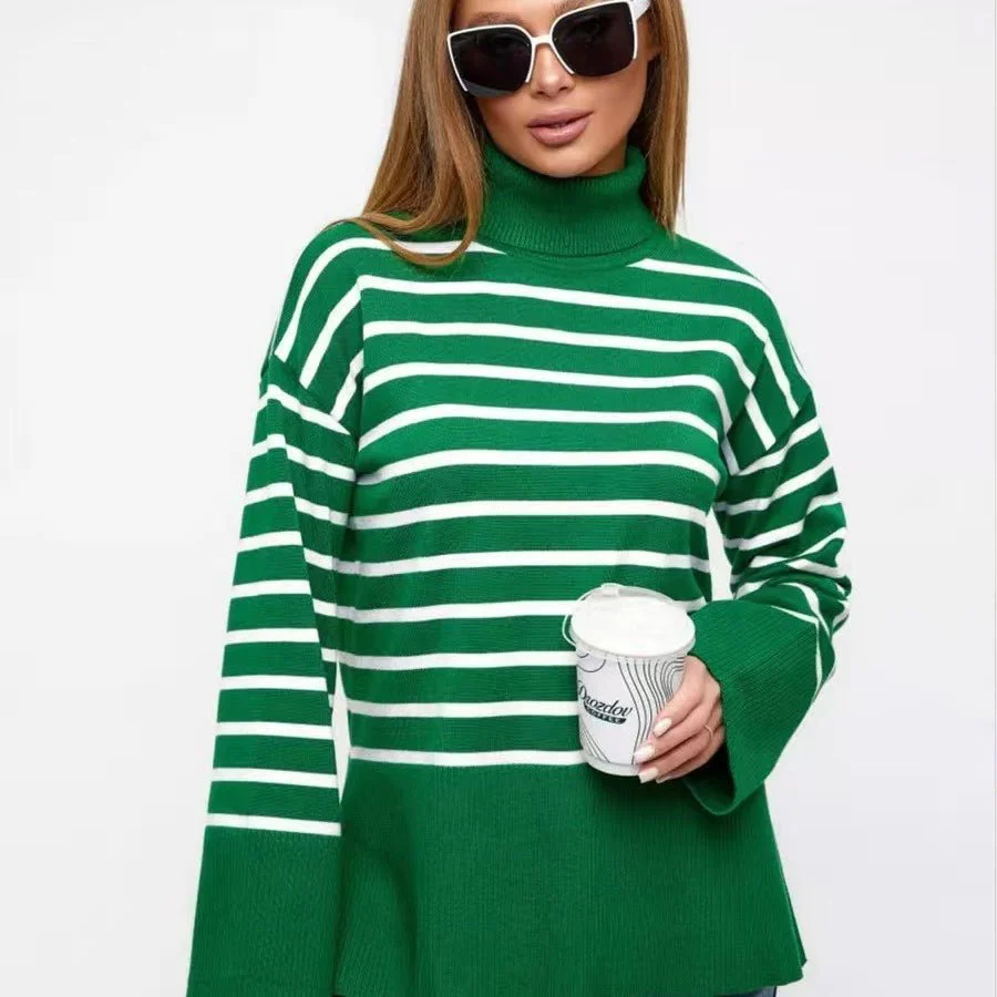 Striped Turtleneck Sweater | Oversized Colorblock Pullover(MS252) - Image 4