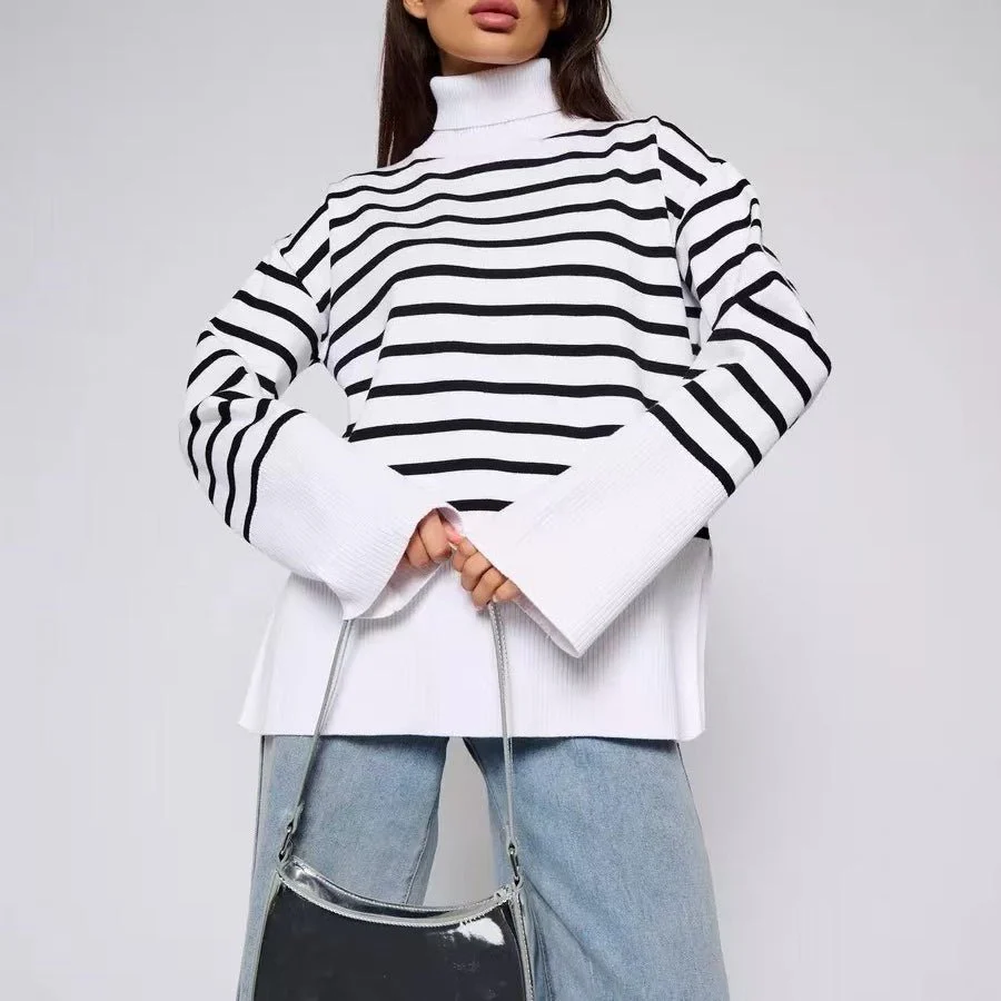 Striped Turtleneck Sweater | Oversized Colorblock Pullover(MS252) - Image 5