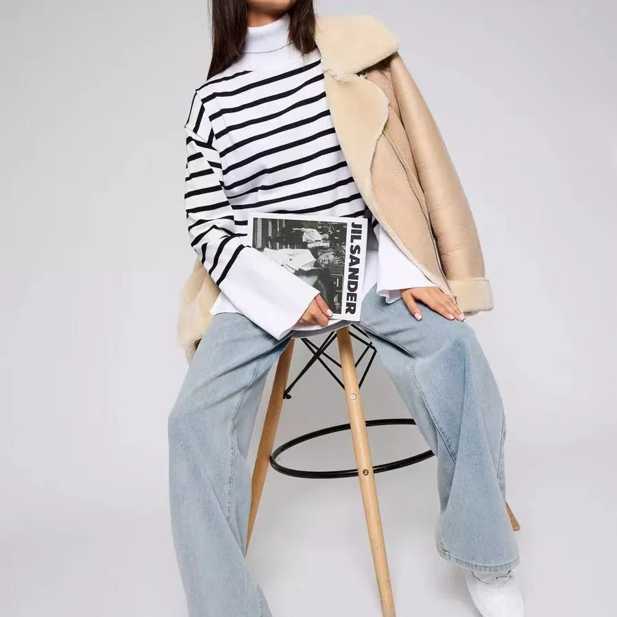 Striped Turtleneck Sweater | Oversized Colorblock Pullover(MS252) - Image 6