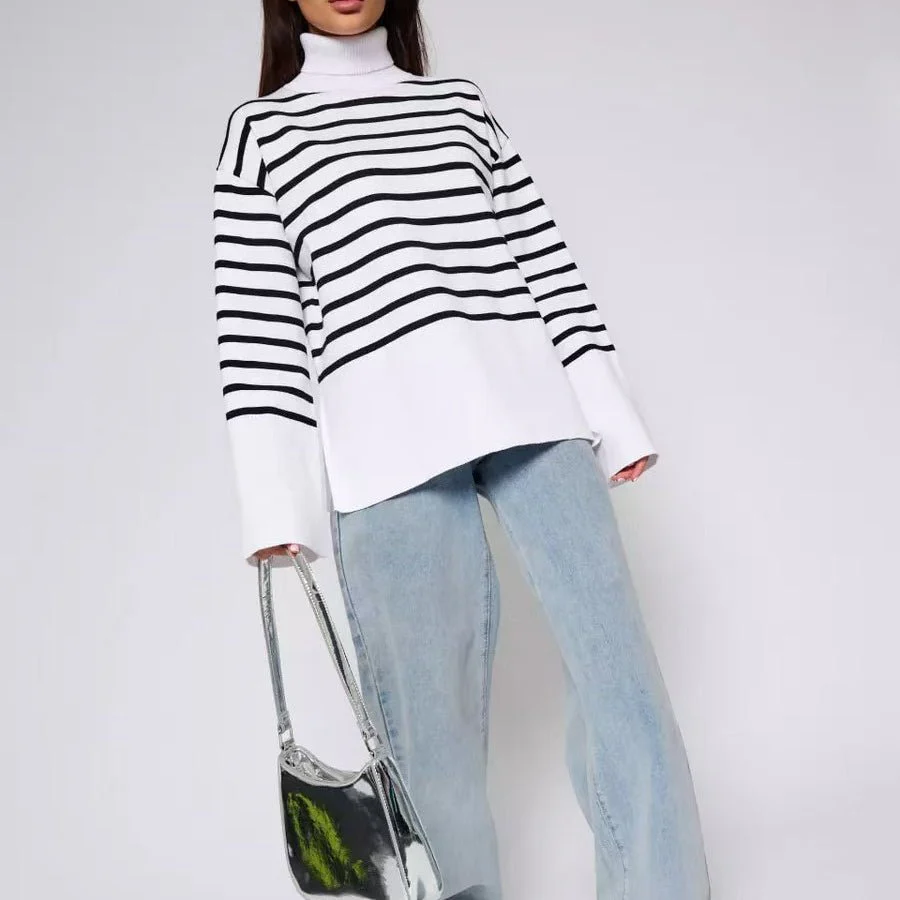 Striped Turtleneck Sweater | Oversized Colorblock Pullover(MS252) - Image 7