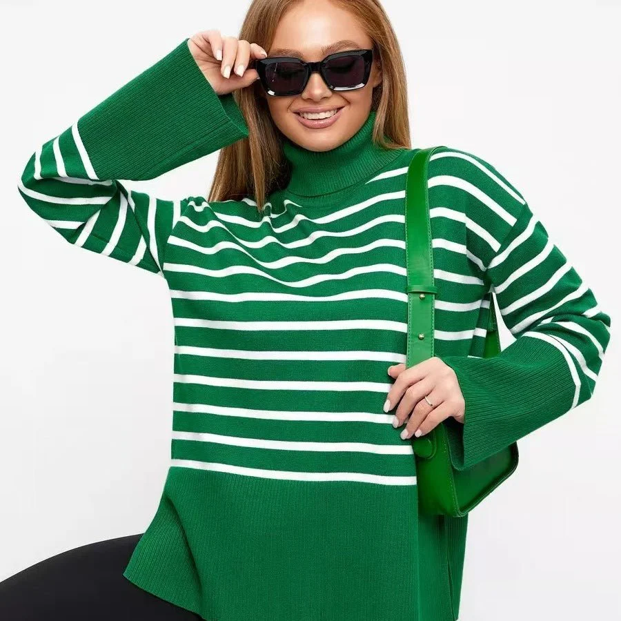 Striped Turtleneck Sweater | Oversized Colorblock Pullover(MS252) - Image 9