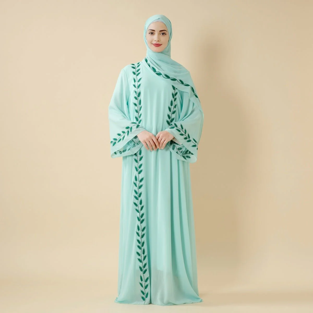 Summer Floral Embroidered Elegant Crew Neck Long Sleeve Chiffon Abaya Dress with Matching Headscarf (MA230) - Image 10