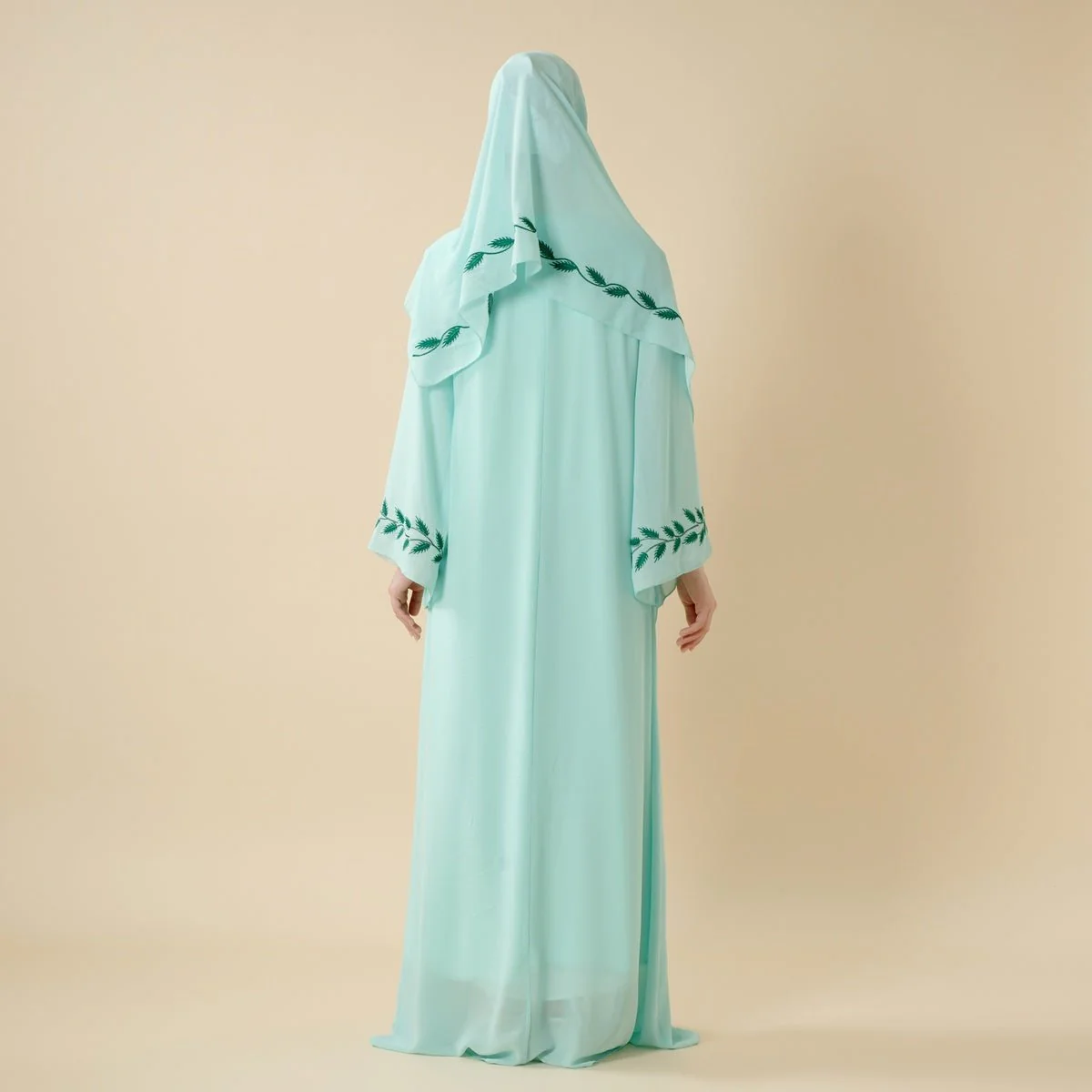 Summer Floral Embroidered Elegant Crew Neck Long Sleeve Chiffon Abaya Dress with Matching Headscarf (MA230) - Image 11