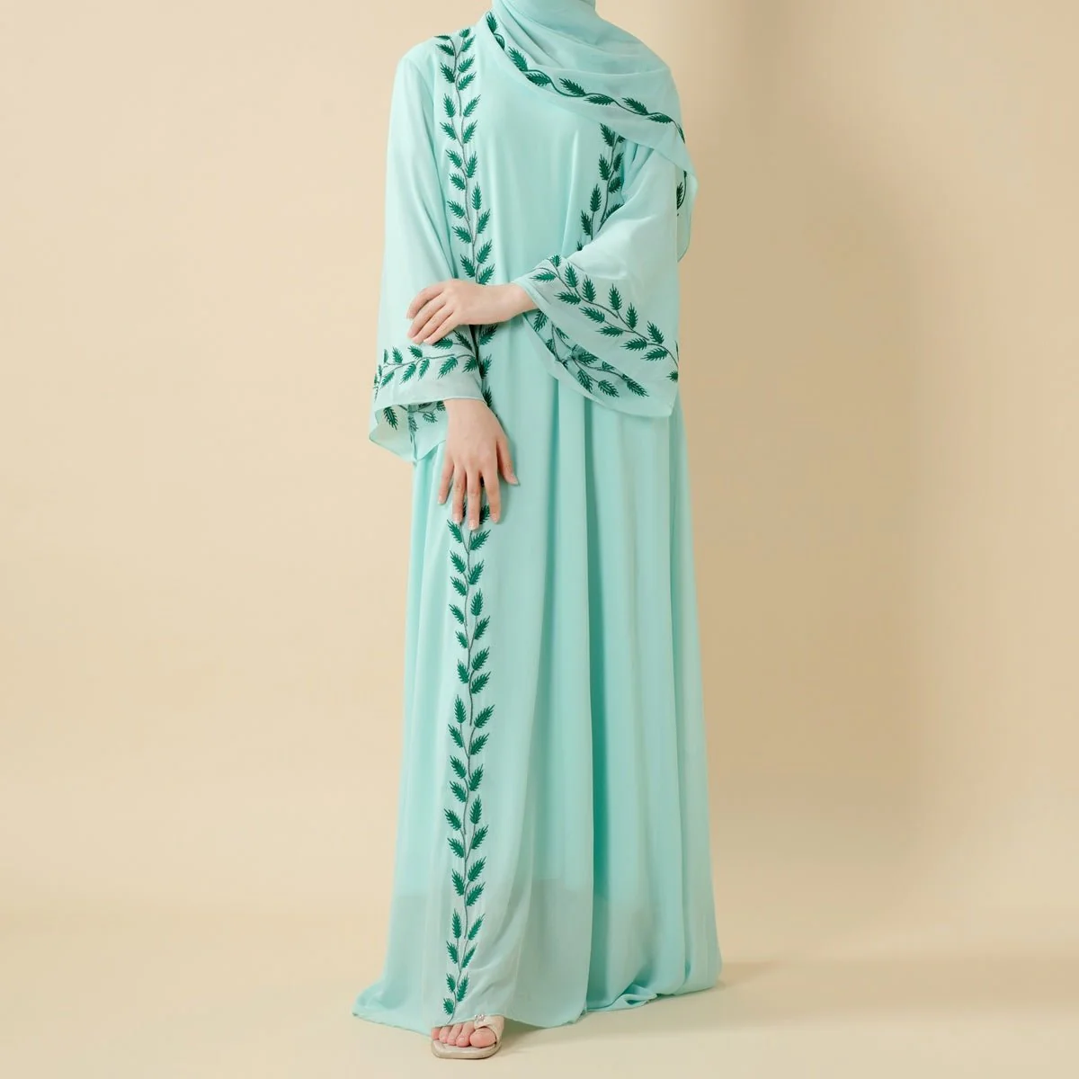 Summer Floral Embroidered Elegant Crew Neck Long Sleeve Chiffon Abaya Dress with Matching Headscarf (MA230) - Image 12