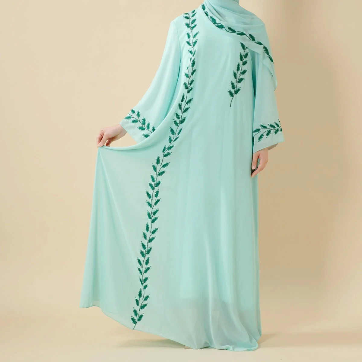 Summer Floral Embroidered Elegant Crew Neck Long Sleeve Chiffon Abaya Dress with Matching Headscarf (MA230) - Image 13
