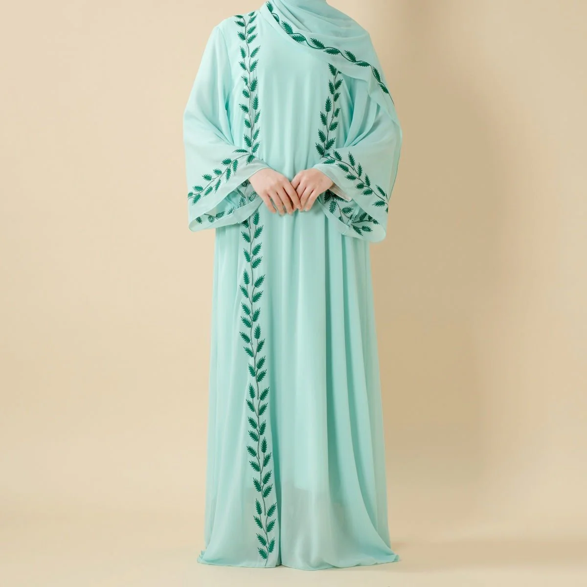 Summer Floral Embroidered Elegant Crew Neck Long Sleeve Chiffon Abaya Dress with Matching Headscarf (MA230) - Image 14