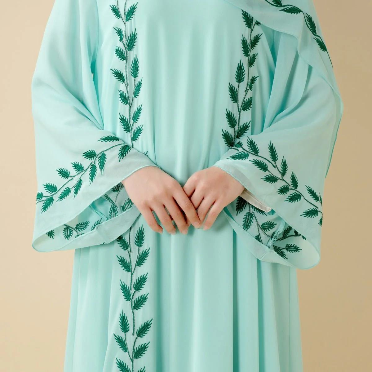 Summer Floral Embroidered Elegant Crew Neck Long Sleeve Chiffon Abaya Dress with Matching Headscarf (MA230) - Image 15