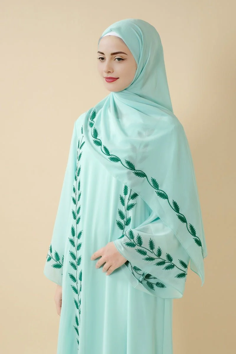 Summer Floral Embroidered Elegant Crew Neck Long Sleeve Chiffon Abaya Dress with Matching Headscarf (MA230) - Image 16