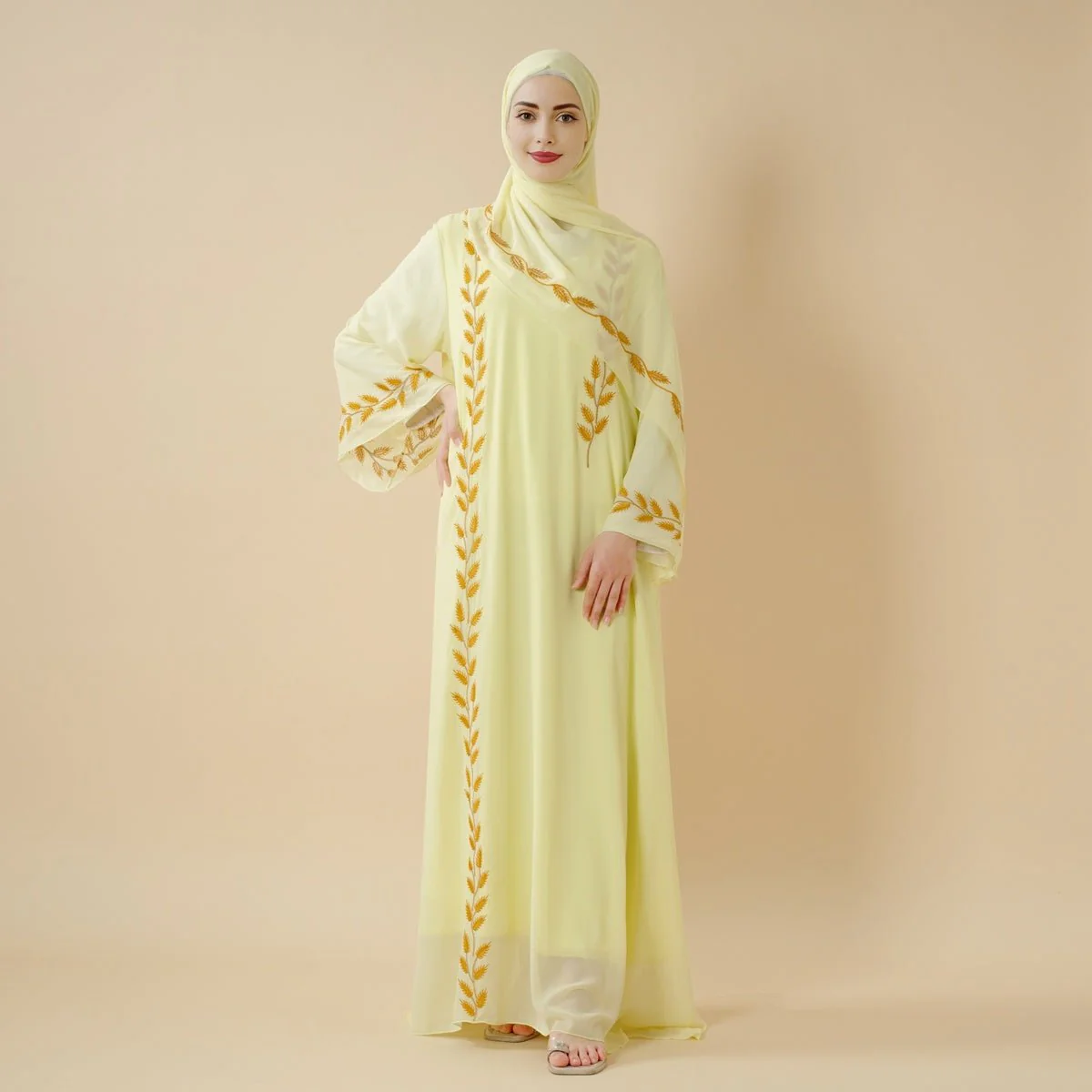 Summer Floral Embroidered Elegant Crew Neck Long Sleeve Chiffon Abaya Dress with Matching Headscarf (MA230) - Image 19