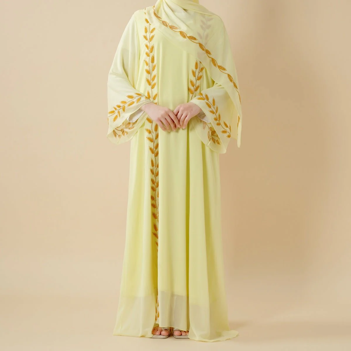 Summer Floral Embroidered Elegant Crew Neck Long Sleeve Chiffon Abaya Dress with Matching Headscarf (MA230) - Image 21