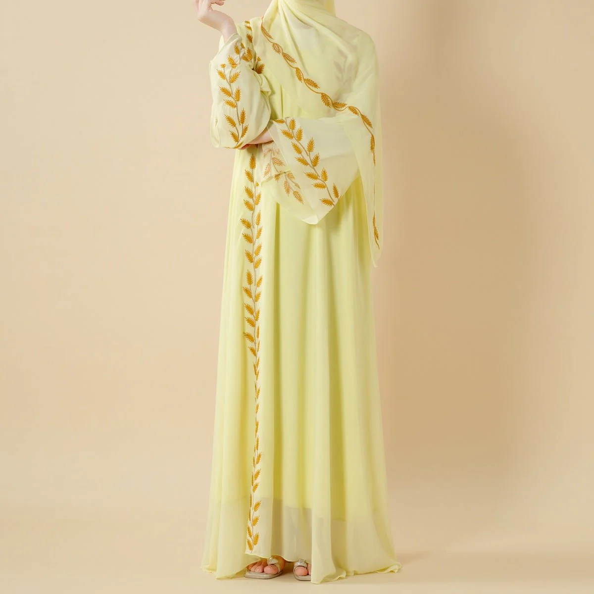 Summer Floral Embroidered Elegant Crew Neck Long Sleeve Chiffon Abaya Dress with Matching Headscarf (MA230) - Image 22