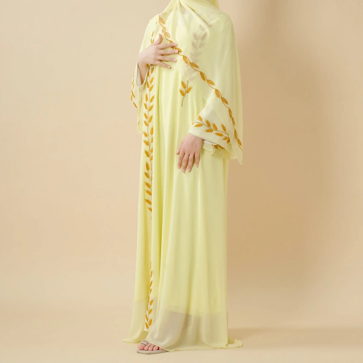Summer Floral Embroidered Elegant Crew Neck Long Sleeve Chiffon Abaya Dress with Matching Headscarf (MA230) - Image 23