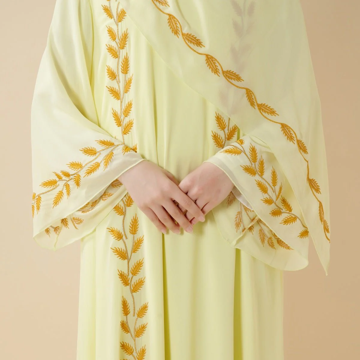 Summer Floral Embroidered Elegant Crew Neck Long Sleeve Chiffon Abaya Dress with Matching Headscarf (MA230) - Image 24