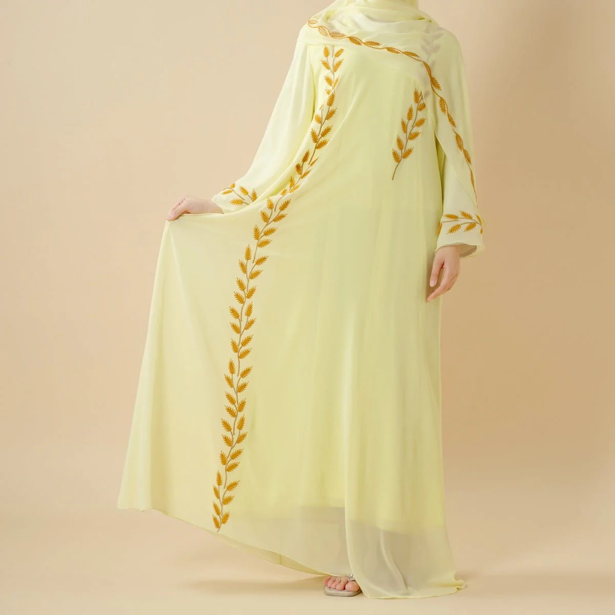 Summer Floral Embroidered Elegant Crew Neck Long Sleeve Chiffon Abaya Dress with Matching Headscarf (MA230) - Image 25