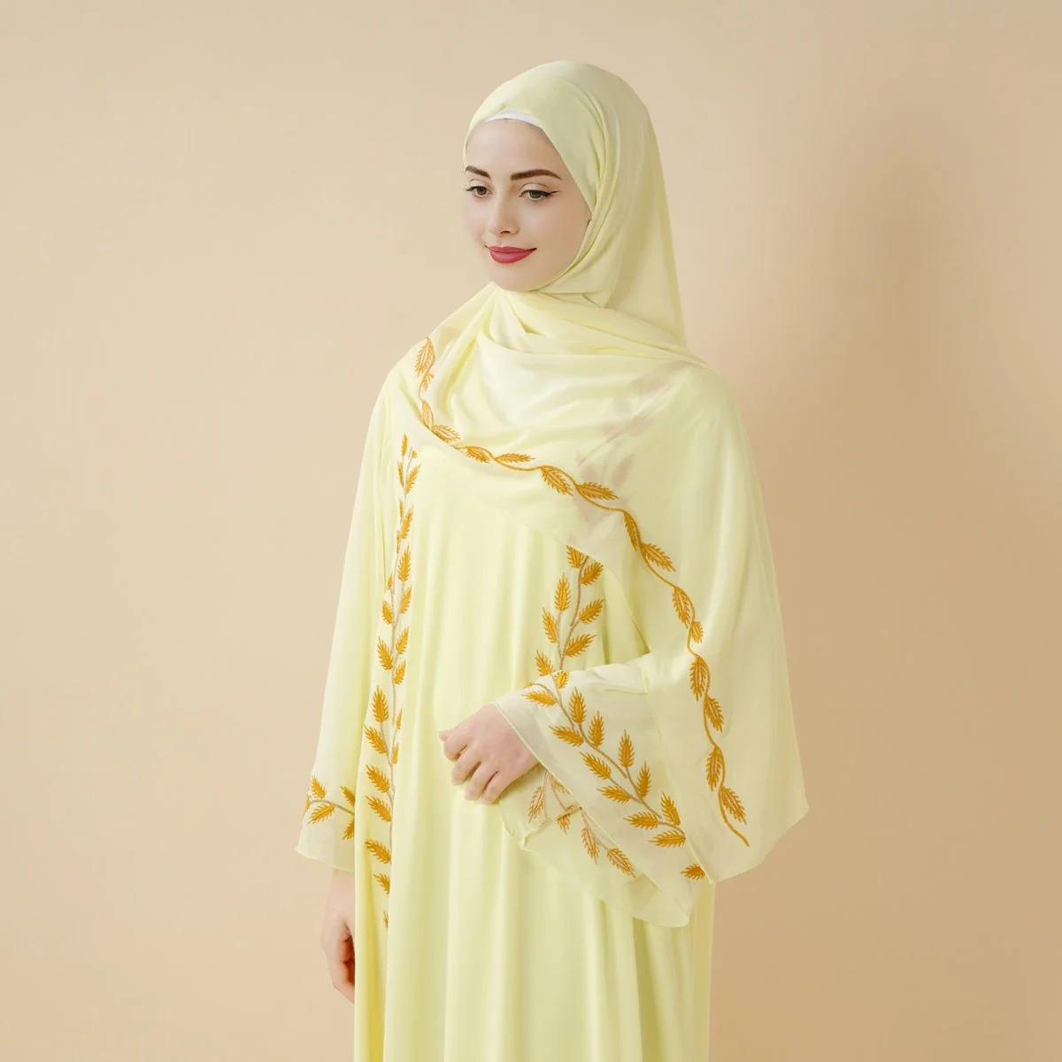 Summer Floral Embroidered Elegant Crew Neck Long Sleeve Chiffon Abaya Dress with Matching Headscarf (MA230) - Image 26
