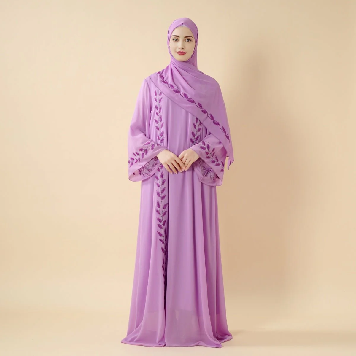 Summer Floral Embroidered Elegant Crew Neck Long Sleeve Chiffon Abaya Dress with Matching Headscarf (MA230) - Image 29