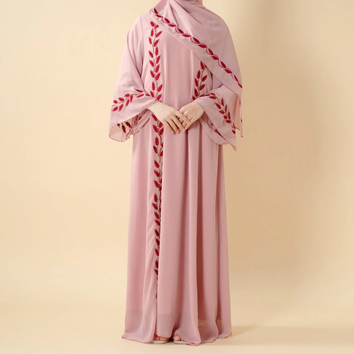 Summer Floral Embroidered Elegant Crew Neck Long Sleeve Chiffon Abaya Dress with Matching Headscarf (MA230) - Image 3