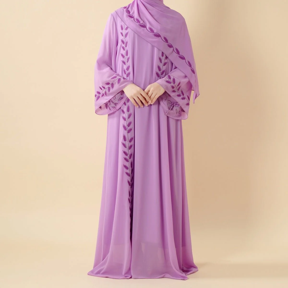Summer Floral Embroidered Elegant Crew Neck Long Sleeve Chiffon Abaya Dress with Matching Headscarf (MA230) - Image 31