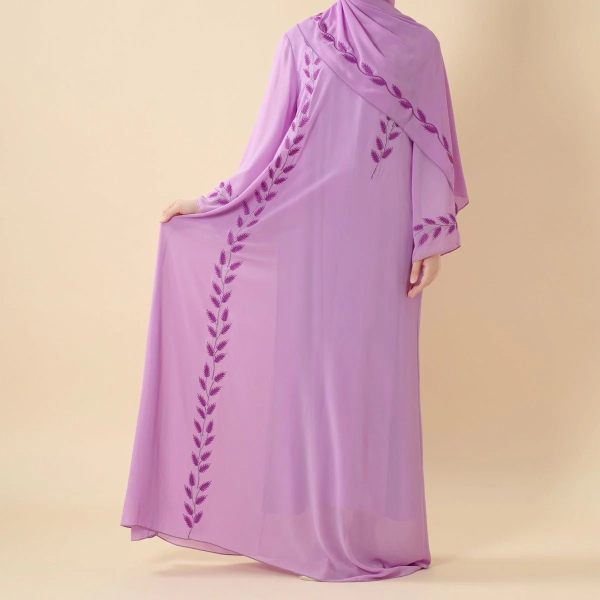 Summer Floral Embroidered Elegant Crew Neck Long Sleeve Chiffon Abaya Dress with Matching Headscarf (MA230) - Image 32