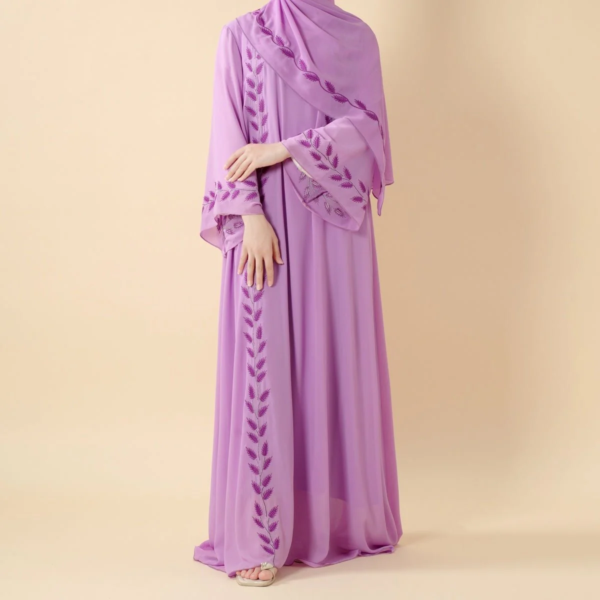 Summer Floral Embroidered Elegant Crew Neck Long Sleeve Chiffon Abaya Dress with Matching Headscarf (MA230) - Image 33