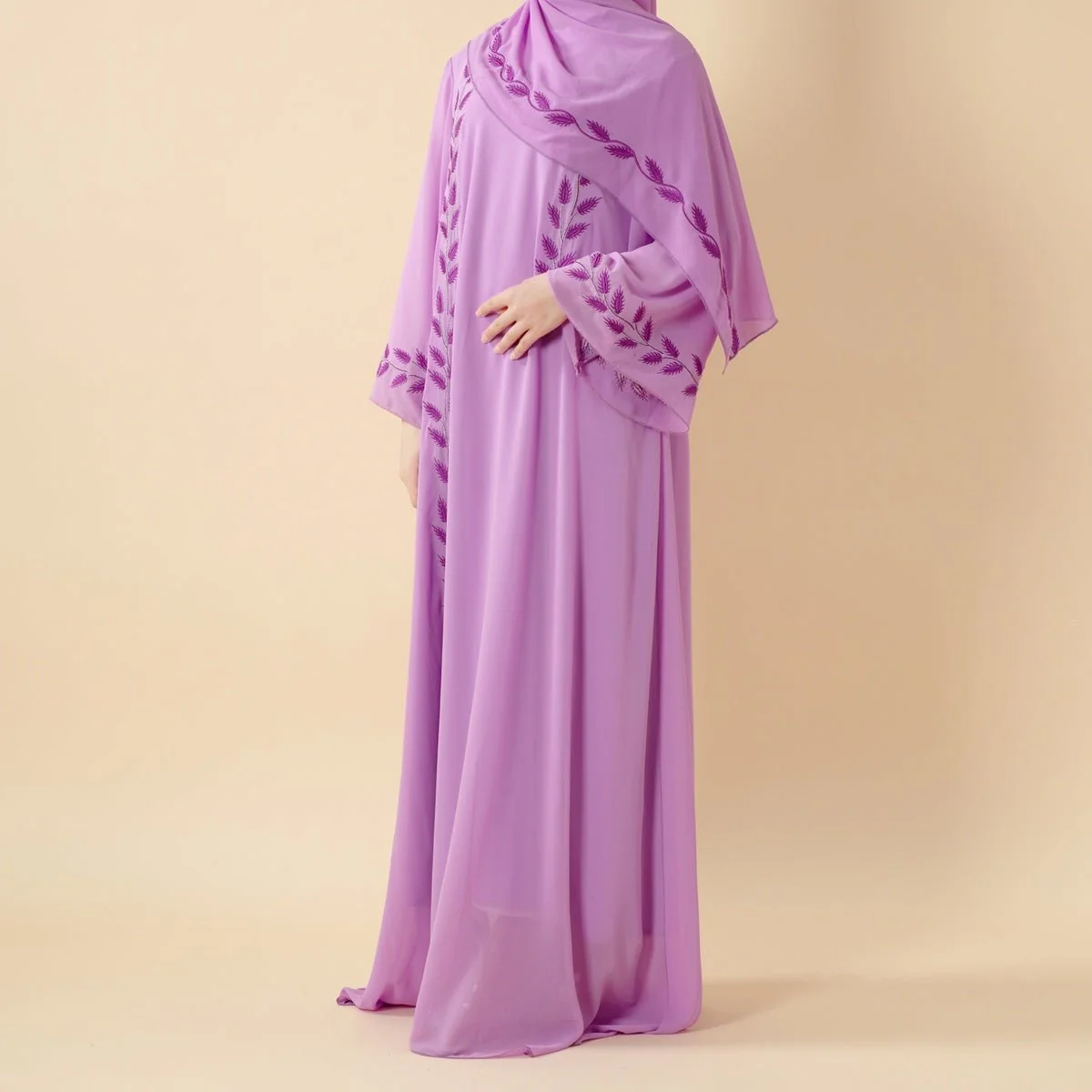 Summer Floral Embroidered Elegant Crew Neck Long Sleeve Chiffon Abaya Dress with Matching Headscarf (MA230) - Image 34