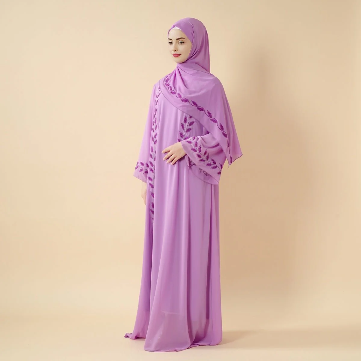 Summer Floral Embroidered Elegant Crew Neck Long Sleeve Chiffon Abaya Dress with Matching Headscarf (MA230) - Image 35