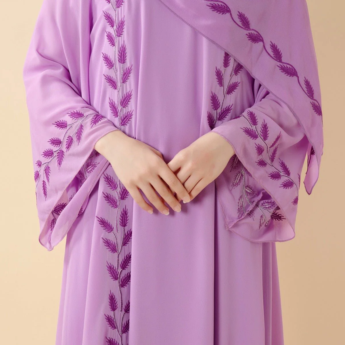 Summer Floral Embroidered Elegant Crew Neck Long Sleeve Chiffon Abaya Dress with Matching Headscarf (MA230) - Image 36