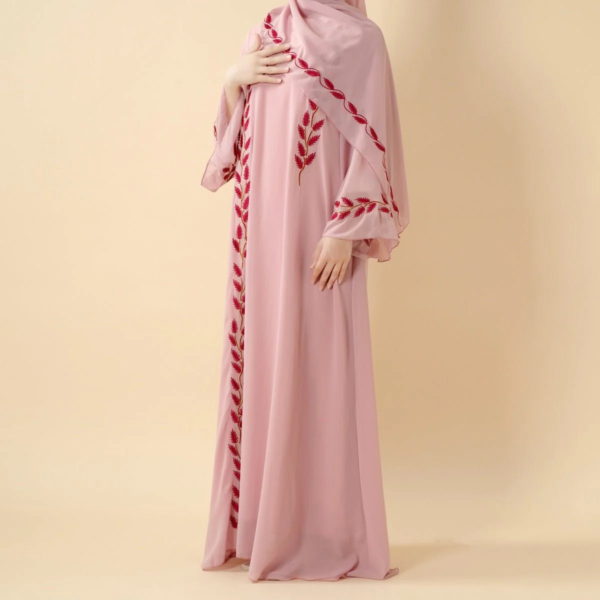 Summer Floral Embroidered Elegant Crew Neck Long Sleeve Chiffon Abaya Dress with Matching Headscarf (MA230) - Image 4