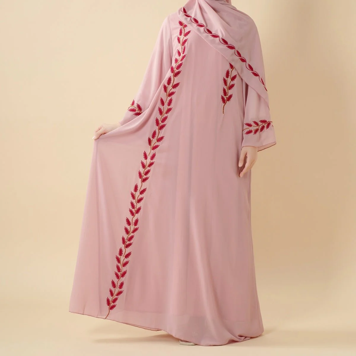 Summer Floral Embroidered Elegant Crew Neck Long Sleeve Chiffon Abaya Dress with Matching Headscarf (MA230) - Image 5