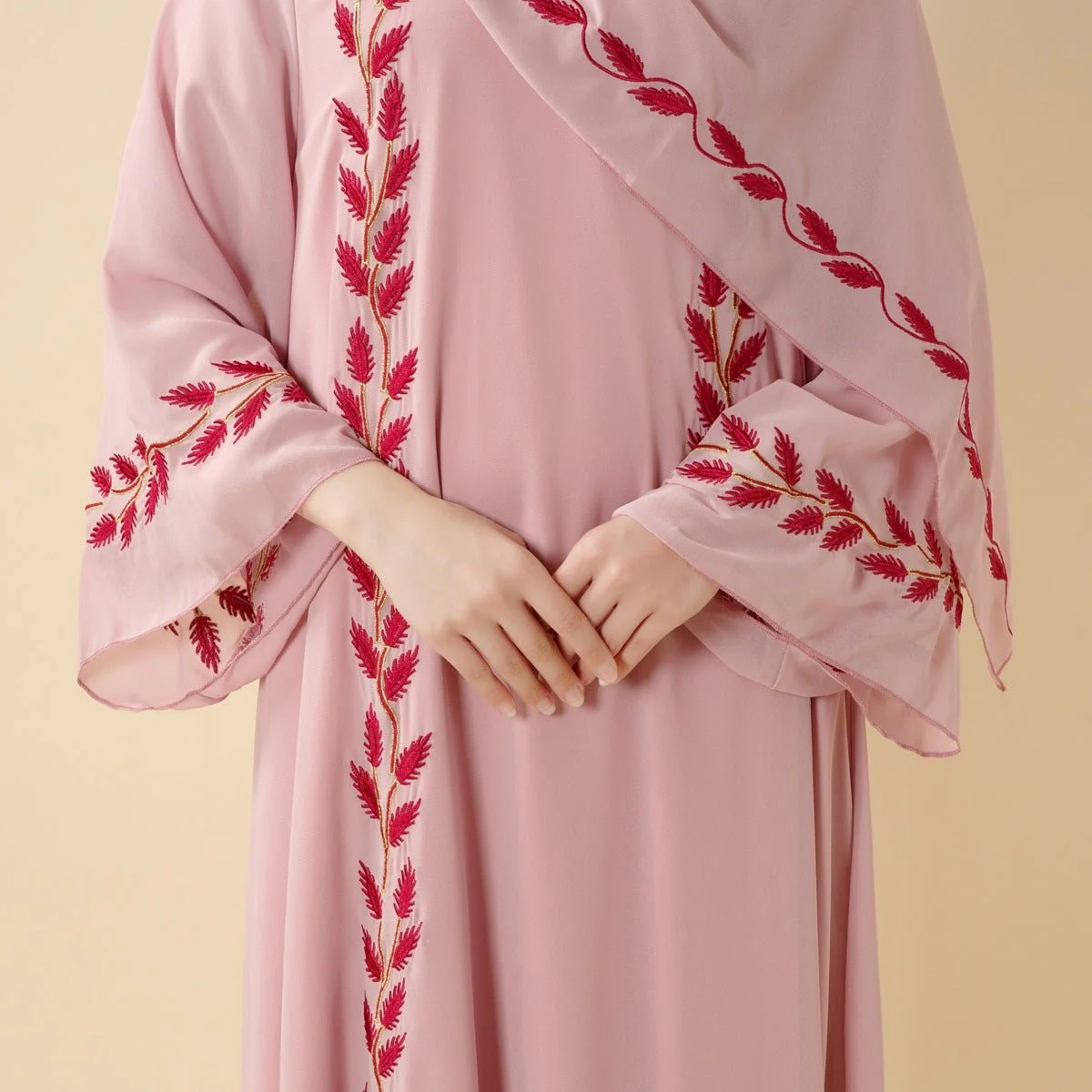 Summer Floral Embroidered Elegant Crew Neck Long Sleeve Chiffon Abaya Dress with Matching Headscarf (MA230) - Image 6