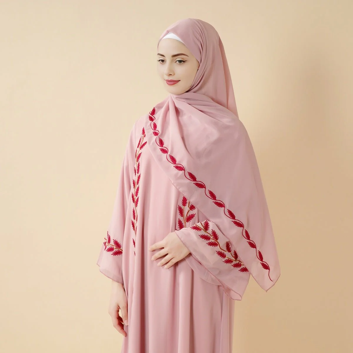 Summer Floral Embroidered Elegant Crew Neck Long Sleeve Chiffon Abaya Dress with Matching Headscarf (MA230) - Image 7